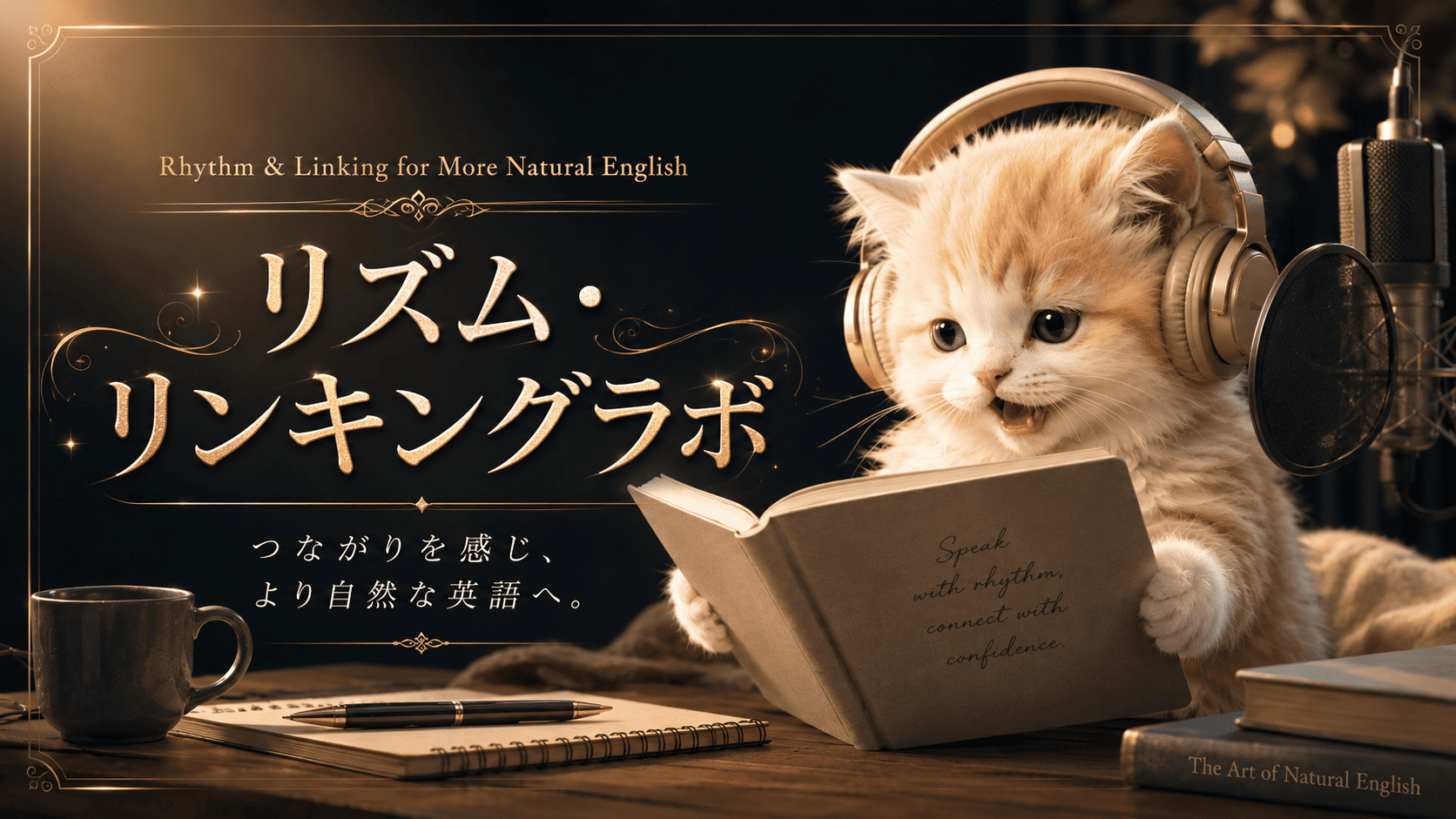 ヘッドホンを付けて発音練習をする猫と、リズム・リンキングラボのタイトル